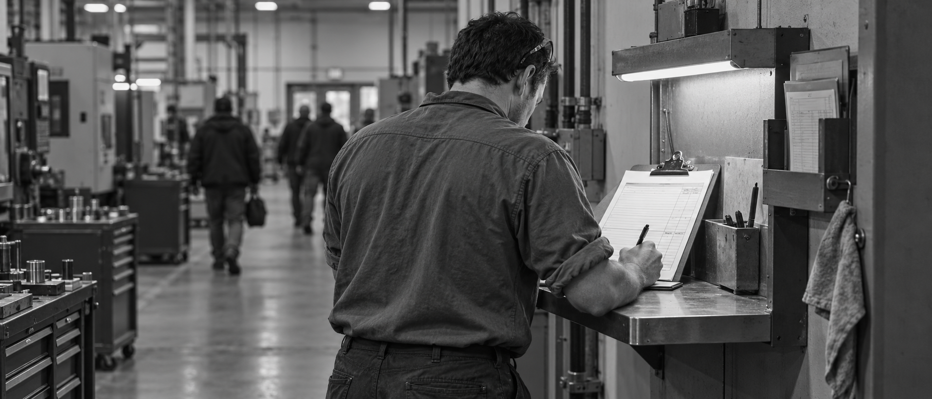 A black-and-white photograph of a worker writing on a paper log clipped to a wall-mounted station, with other workers walking through the plant floor in the background.