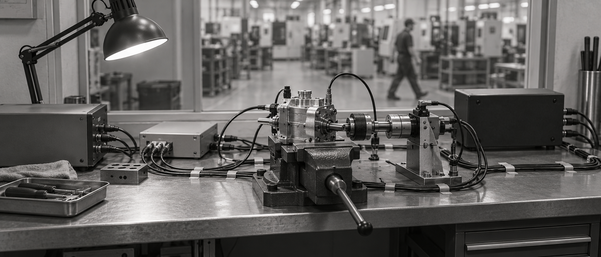 A black-and-white photograph of a mechanical component wired to test instruments on a metal workbench, a technician walking across the plant floor in the blurred background.