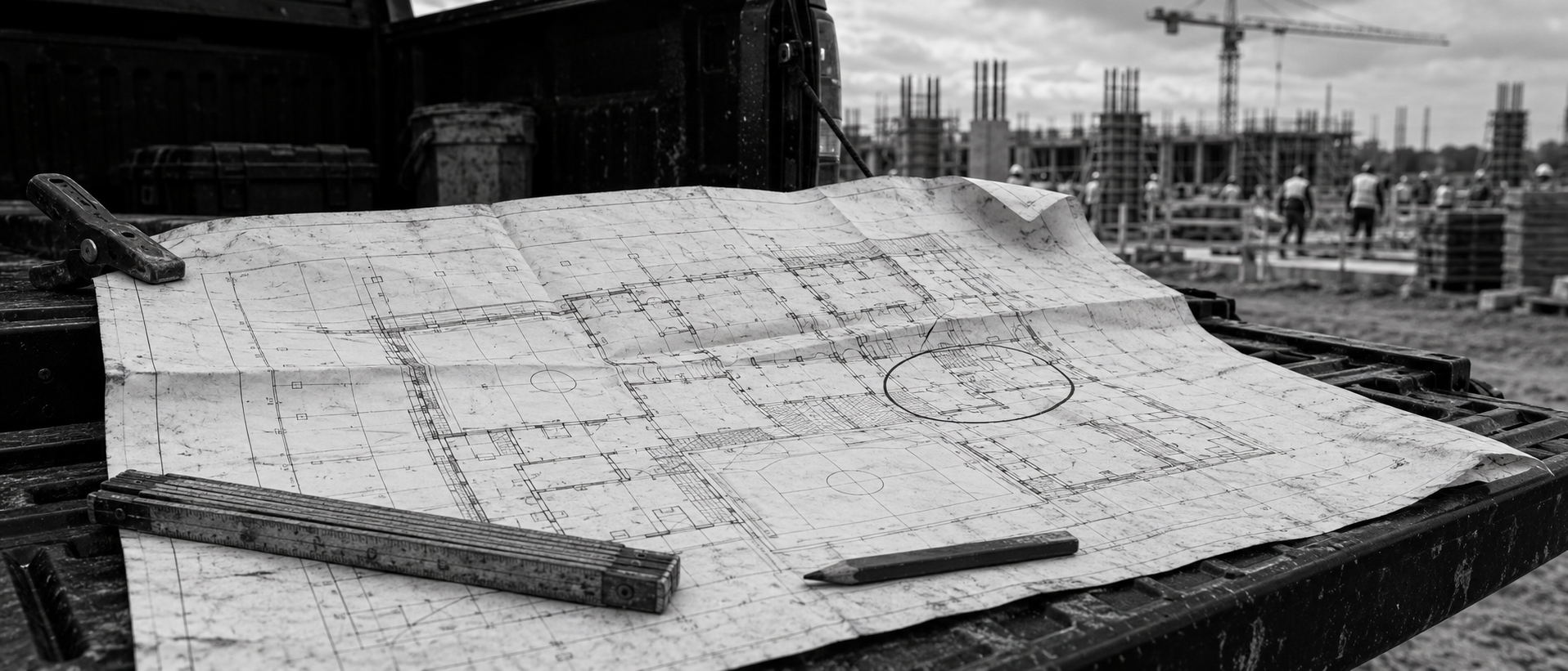 A black-and-white photograph of a marked-up construction drawing with a circled detail, a ruler and pencil, spread on a truck tailgate with a concrete building frame and crane under construction in the background.