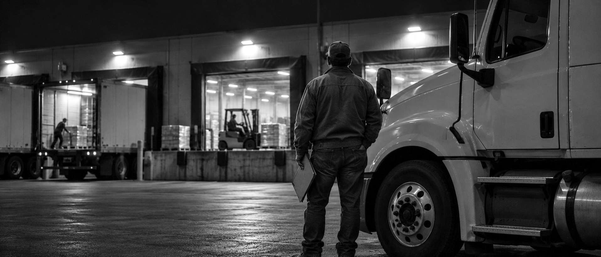 A black-and-white night photograph of a truck driver holding paperwork, standing beside his tractor-trailer at a loading dock while a forklift moves pallets inside.