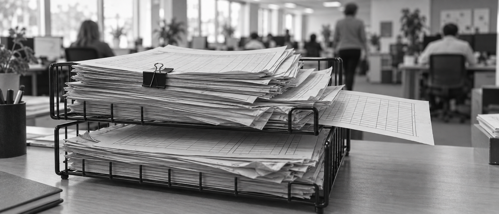 A black-and-white photograph of thick stacks of printed job-order forms filling two wire desk trays in an open-plan office, a person walking past desks in the background.
