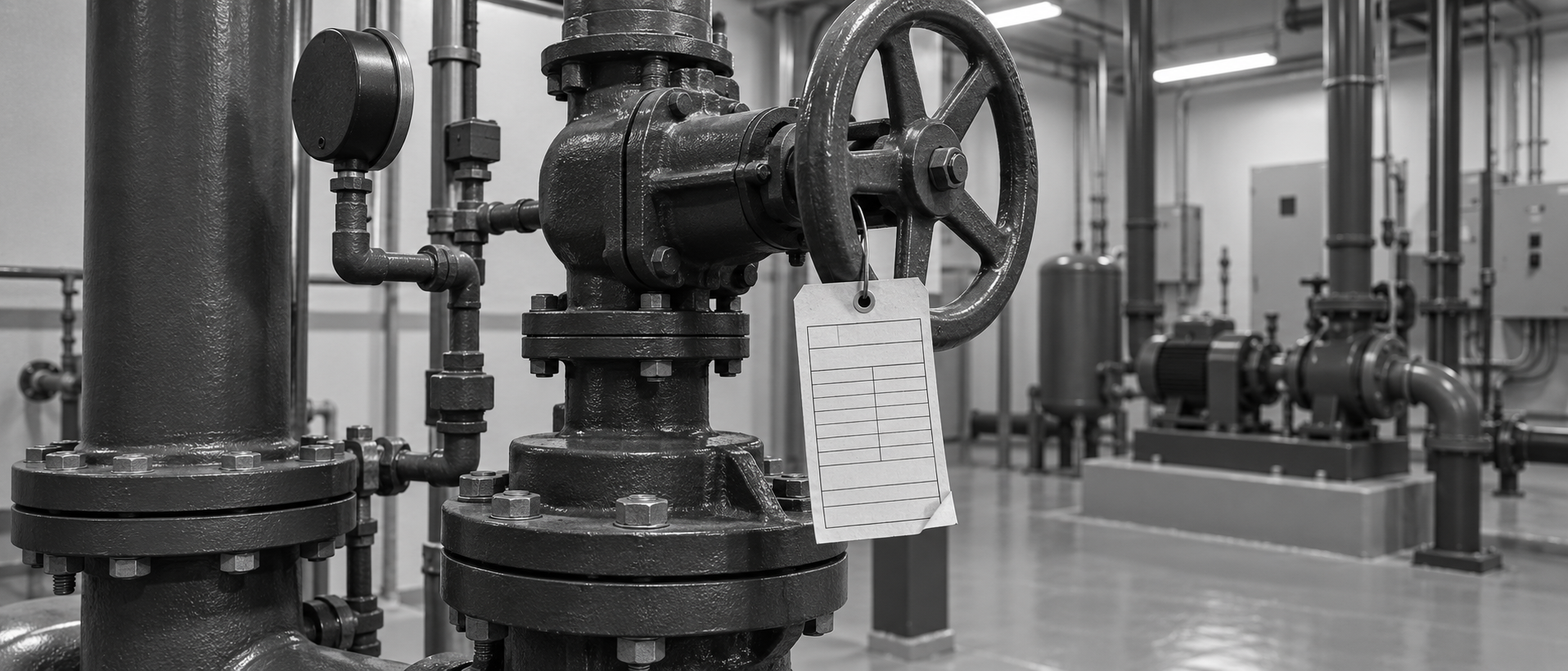 A black-and-white photograph of a valve wheel in a mechanical plant room with a blank maintenance tag hanging from it, pumps and piping in the background.