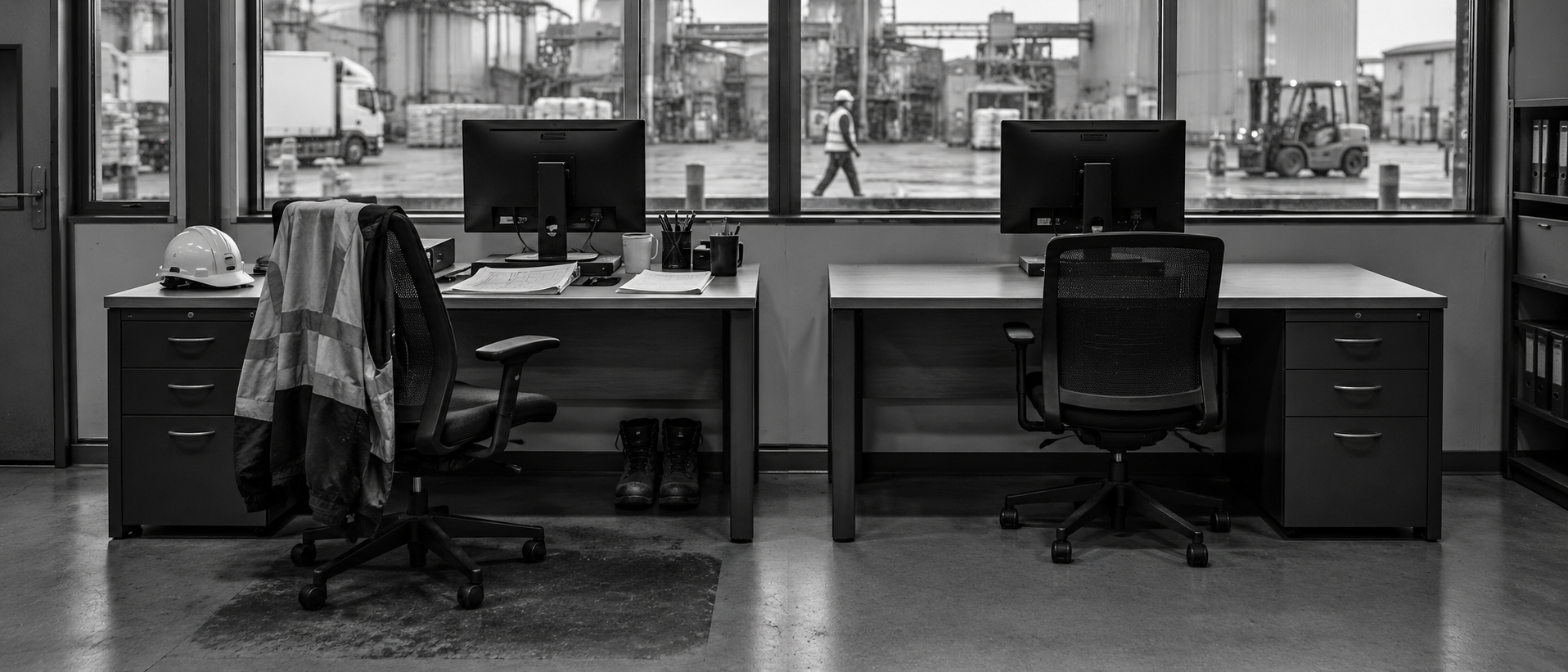 A black-and-white photograph of a site-office desk with paperwork, a hard hat and hi-vis jacket, overlooking an industrial yard where a worker walks past through the window.
