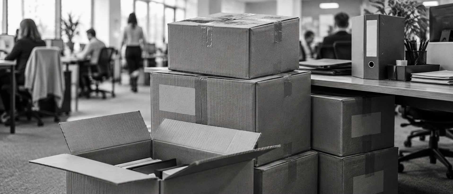 A black-and-white photograph of stacked cardboard boxes in an office, one open to show binders packed inside, with people working at desks in the background.